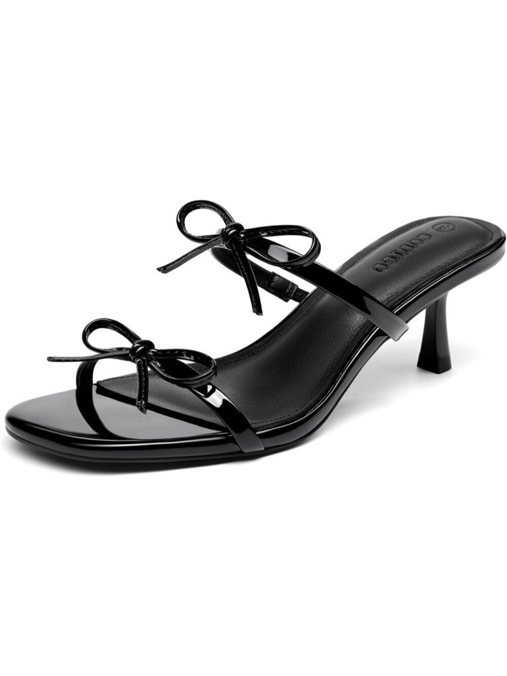 Women's Kitten Heels Bow Square Black Open Toe Slides Two Strap Slip On Heels